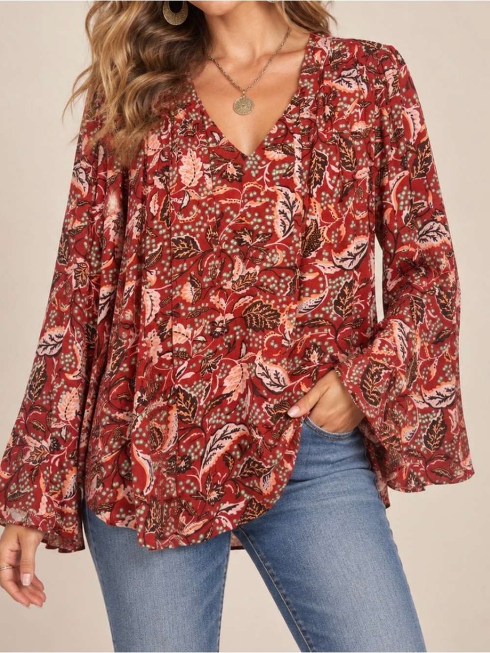 Jessica Simpson Boho Floral Bell Sleeve Blouse Size L Western Fall Top